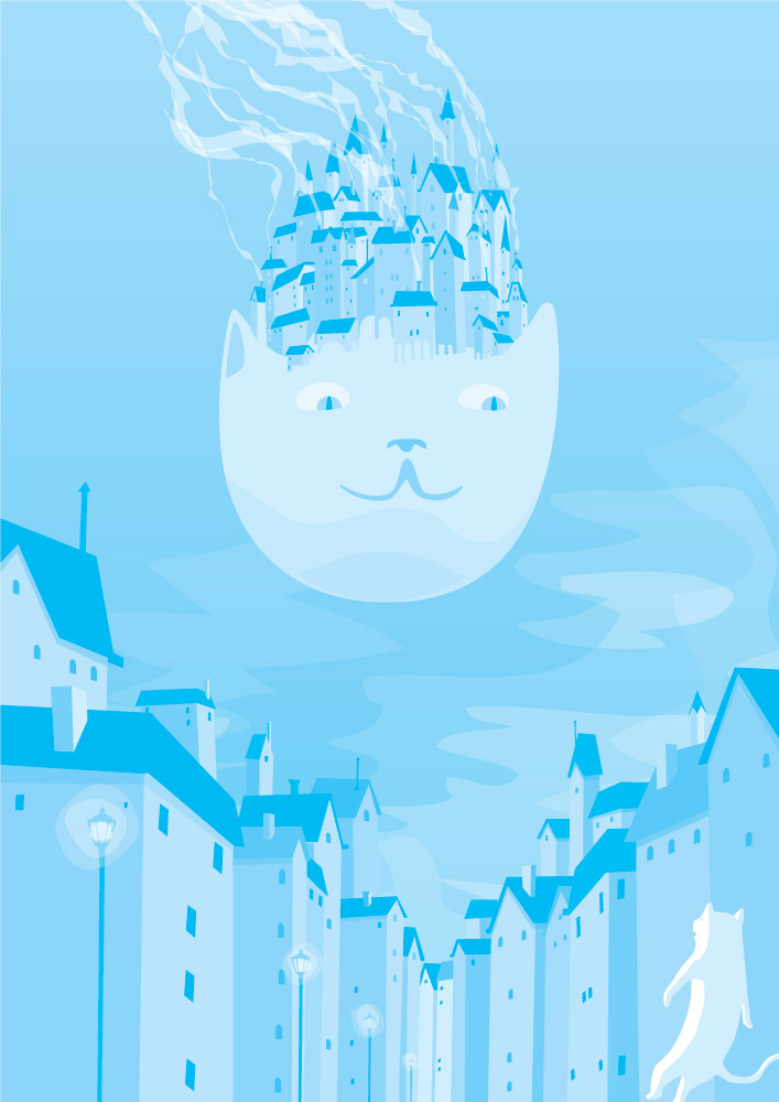 An illustration in light blues: a giant cat head floating over a cityscape with the city continuing on the cat. It's looking down at a normal sized cat that is standing on two legs, being very baffled by this strange sight.