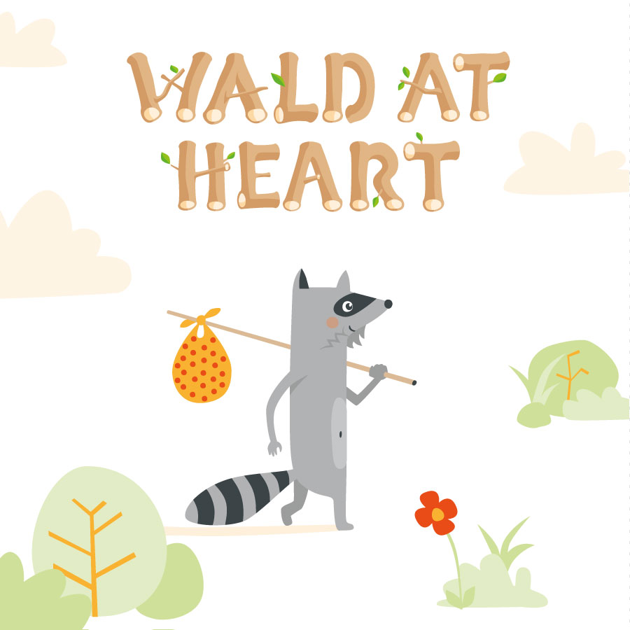Vector illustration of a raccoon with a traveling bundle, happily trotting along on their journey.
