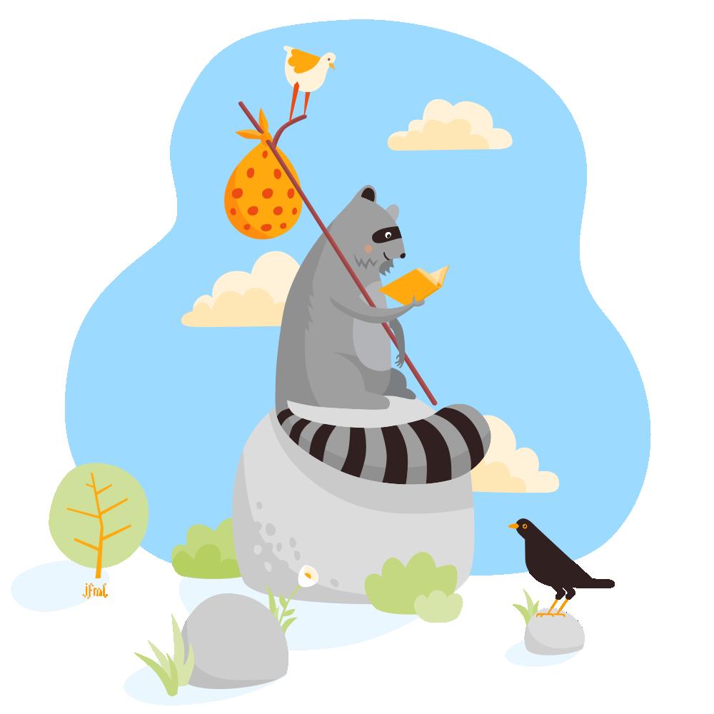Another vector illustration with the same raccoon a few years later, sitting on a rock, happily reading a book, accompanied by  two birds.