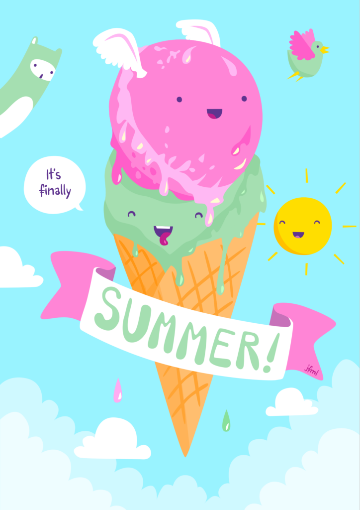 Brightly pastel-coloured illustration of a (somehow? there's wings?) flying icecream cone with two scoops: There's a pink (raspberry) one on top and the bottom one (pistachio) says: „It's finally“ and a there's bunting around them with the word „Summer“ written on it.