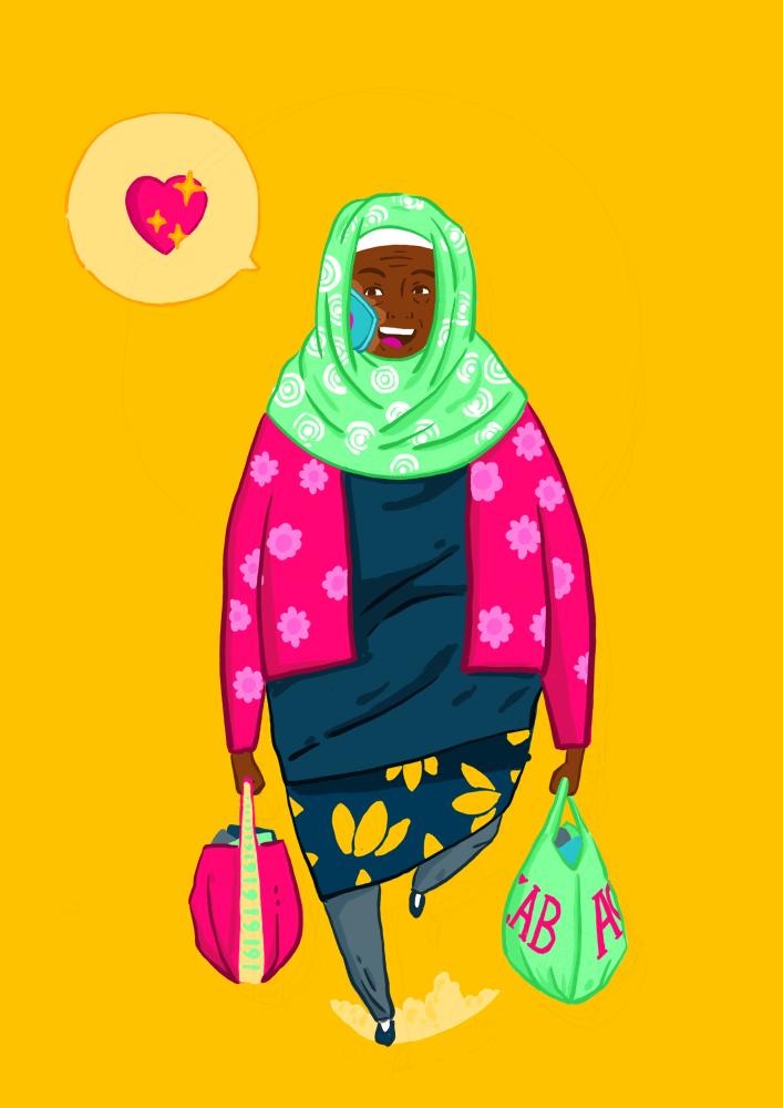 An illustration of an happy older brown woman using her hijab as an hands-free-headset while carrying two bags of groceries.