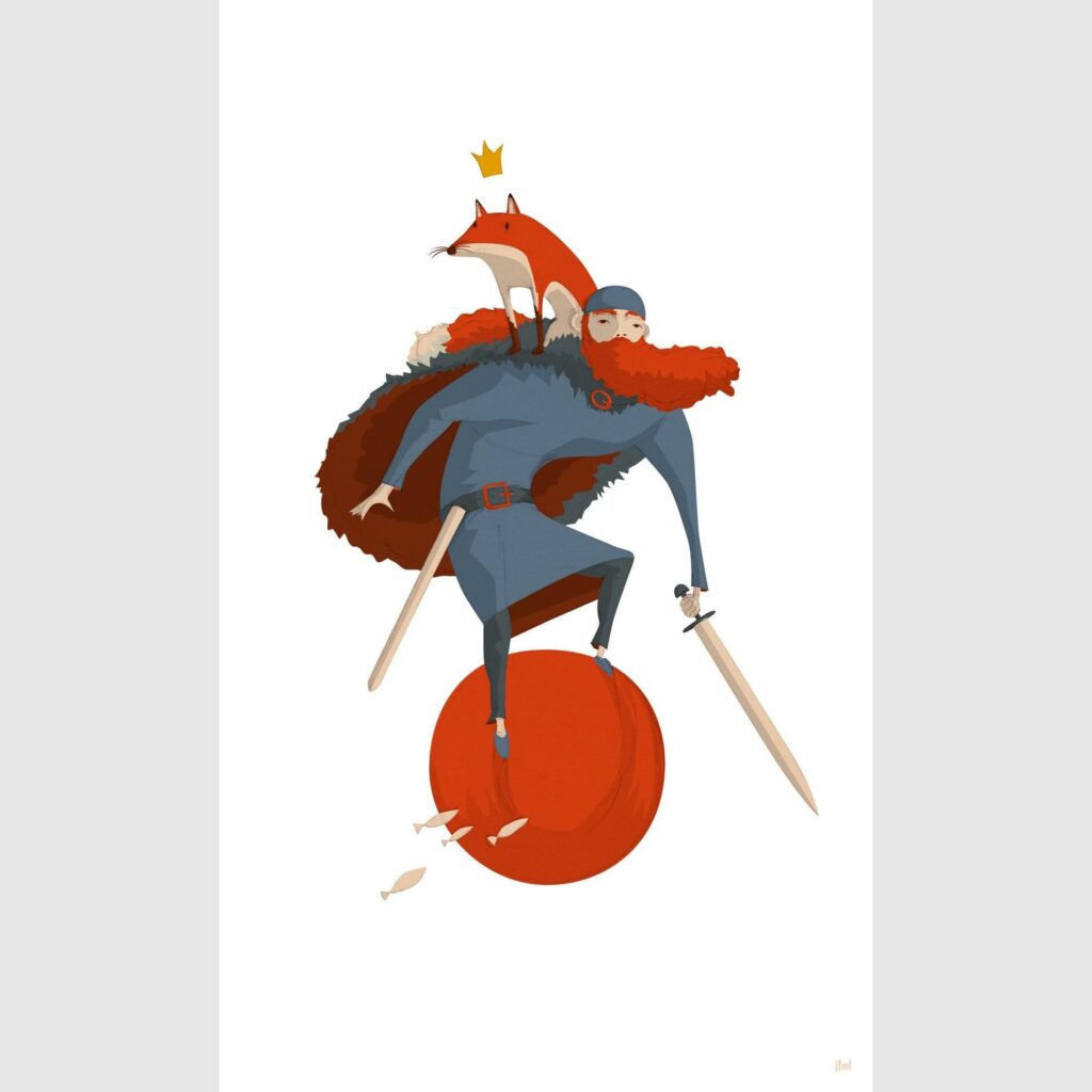 Illustration of a Viking person standing on a red sphere (with tiny fishes swimming towards it!). They have a red fox on their shoulders.