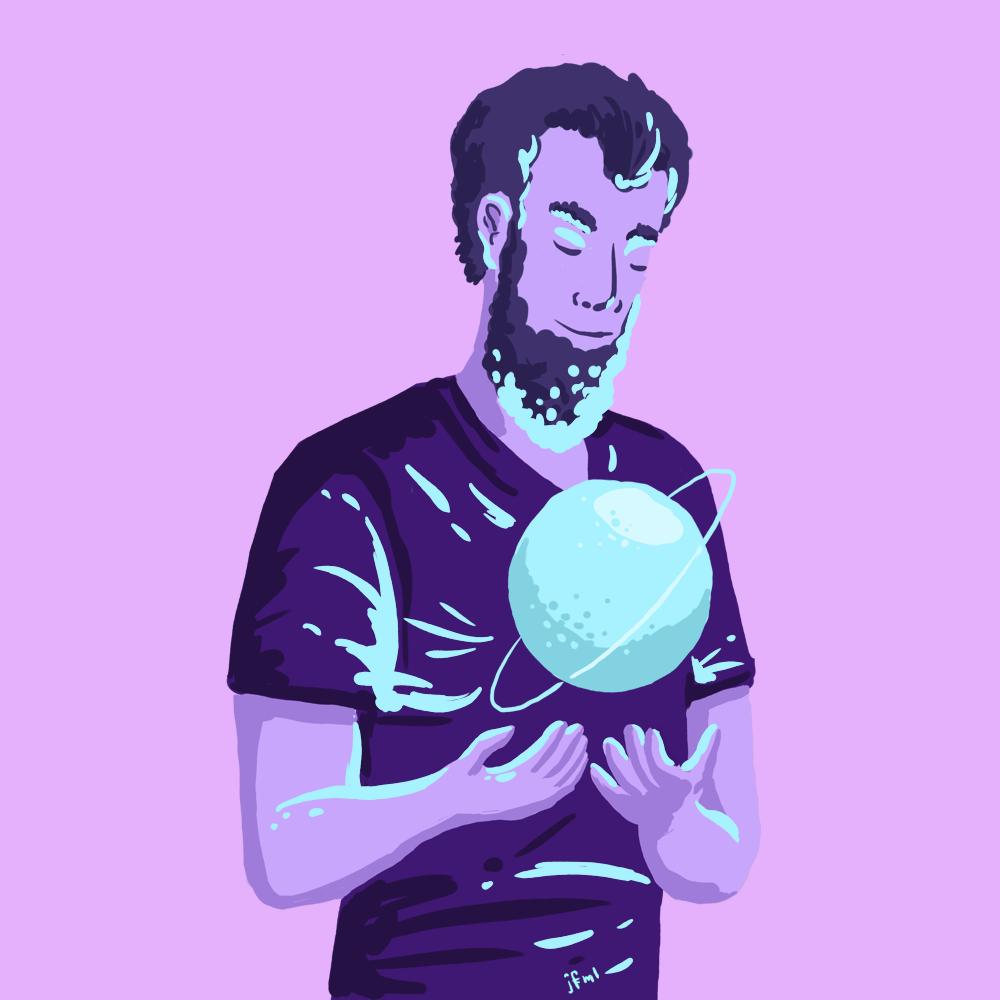 Digital illustration in pinks, violets and blues of a beardy white dude (me), holding a tiny, floating planet in his hands.