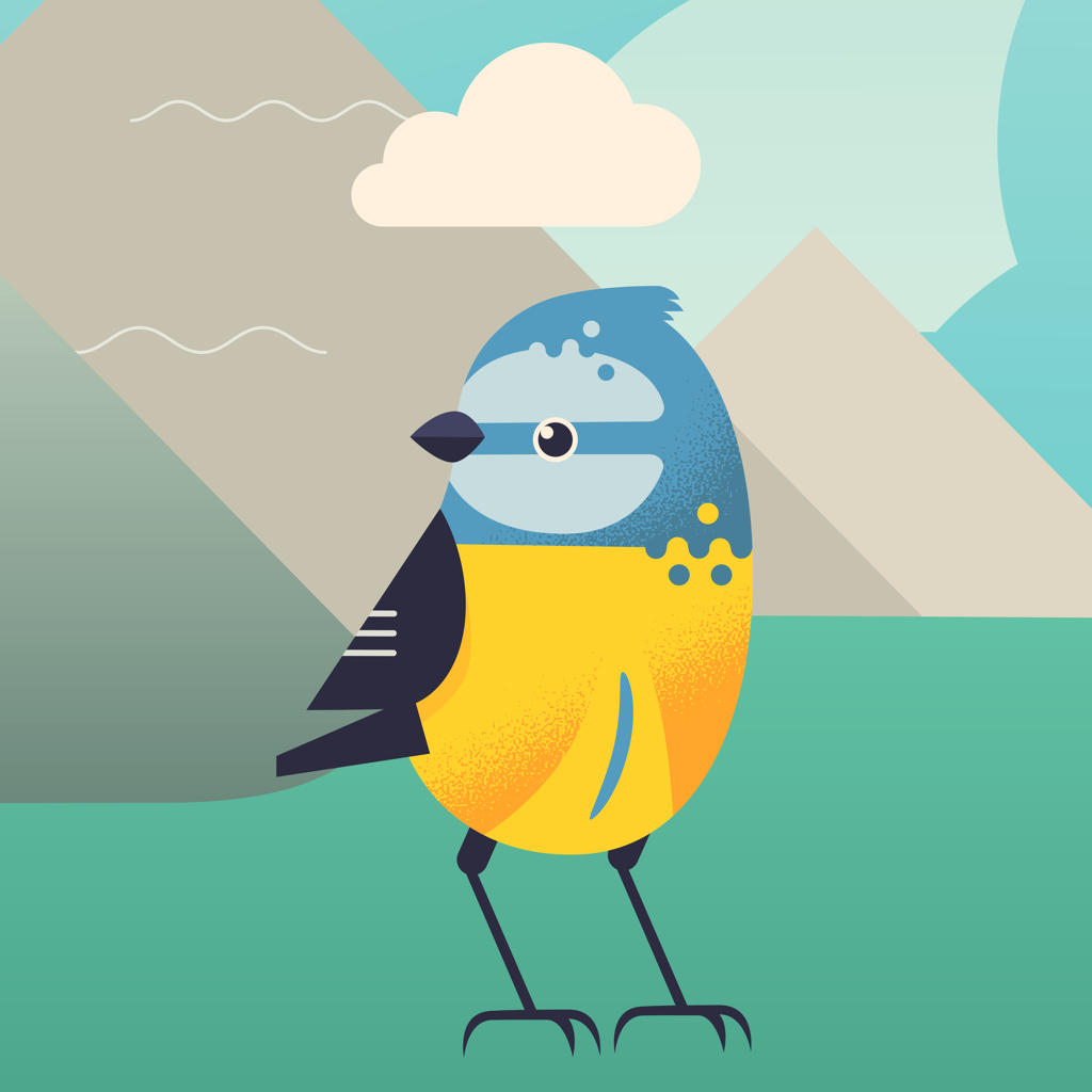 Vector illustration of a tiny bluetit with a meadow, clouds and mountains in the background. It is very cute.