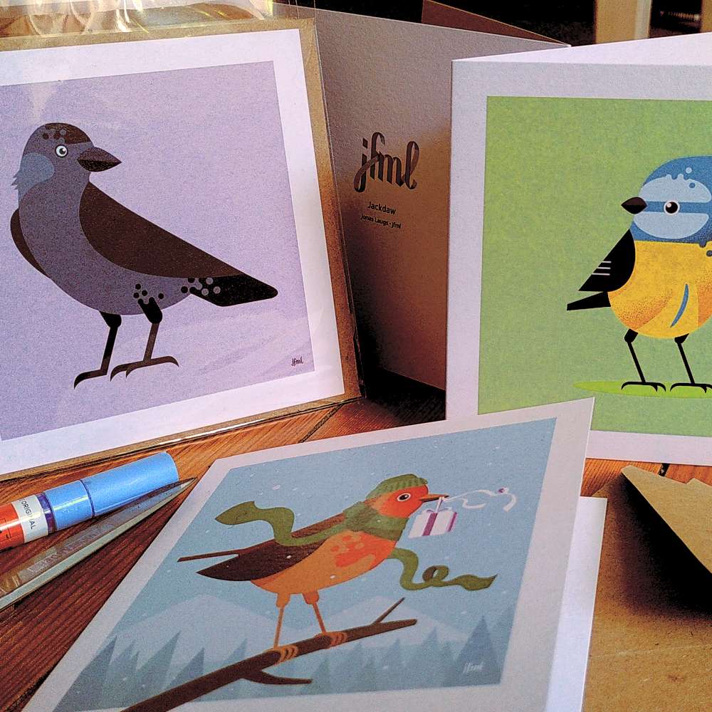 More close-up photo of the cards, the birds are a jackdaw, a blue tit and a robin.
