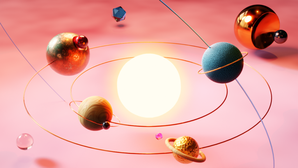 Abstract model of a solar system on a pink / salmon coloured floor, rendered with Blender3D. A big glowing orb in the centre, with copper circles (orbits) around it. More spheres on the circles (planets) with copper rings (orbits) and smaller spheres (moons) around the center. They're all made of „natural“ materials, like glass, wood, fabric, copper etc. 