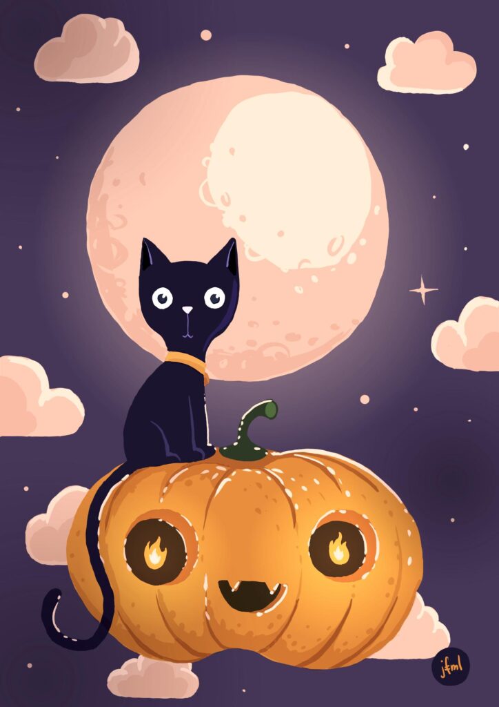 Illustration of a cat sitting on a carved pumpkin that is flying through the air, with a full moon and clouds in the background. The pumpkin has vampire teeth and tiny Will-o'-the-wisps in it's eyes.