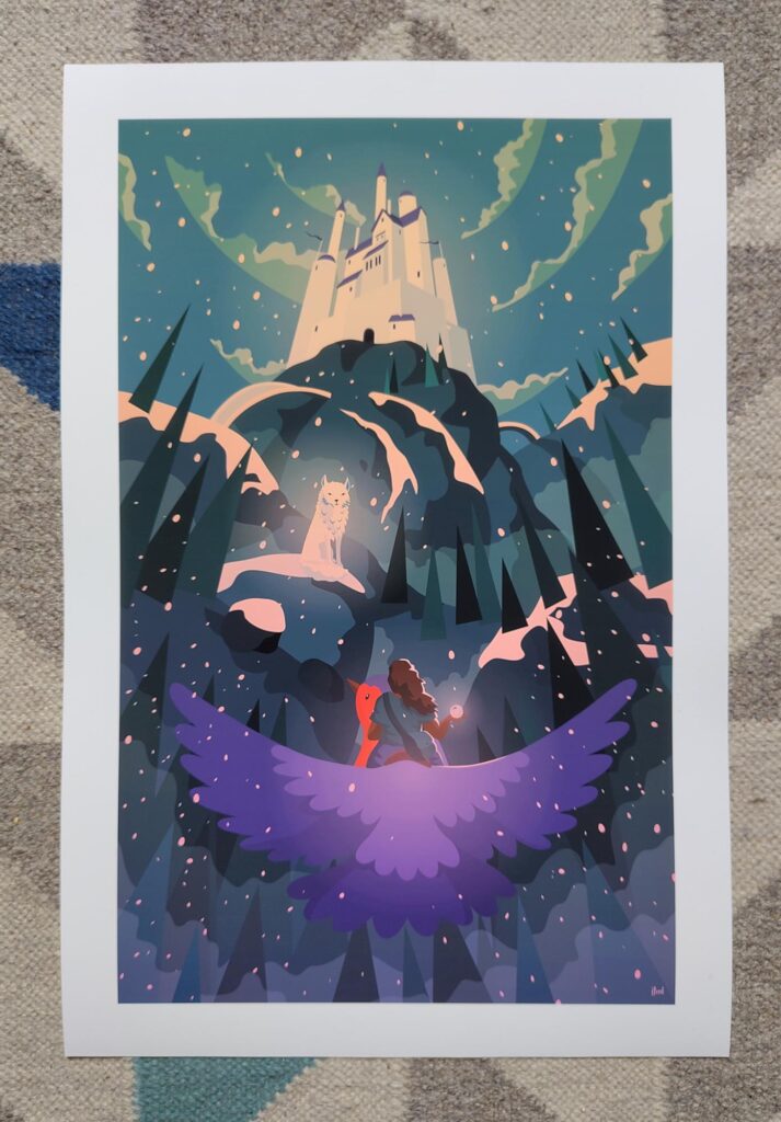 Photo of a print lying on a carpet. The illustration is of a person flying on a giant bird to a castle on top of a mountain that's guarded by a white wolf.
