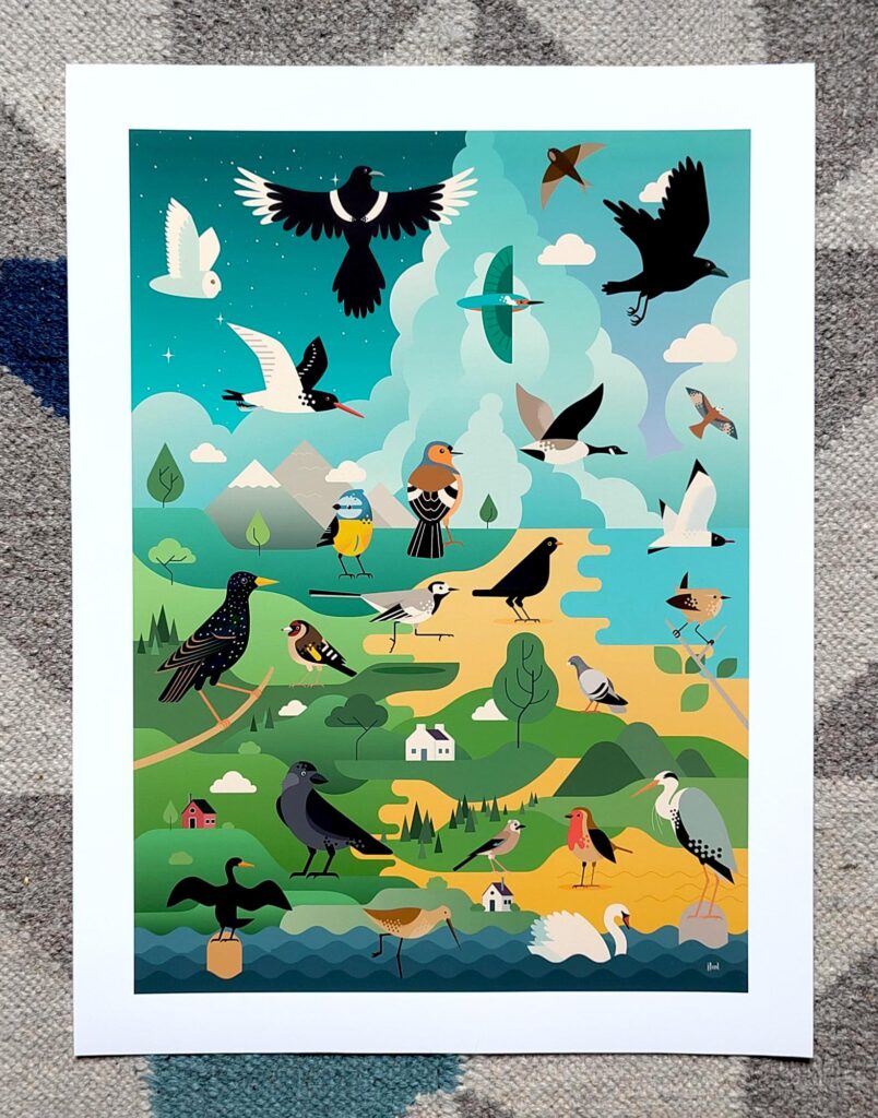 Another photo of a print with a whole lotta birds in front of a landscape.

