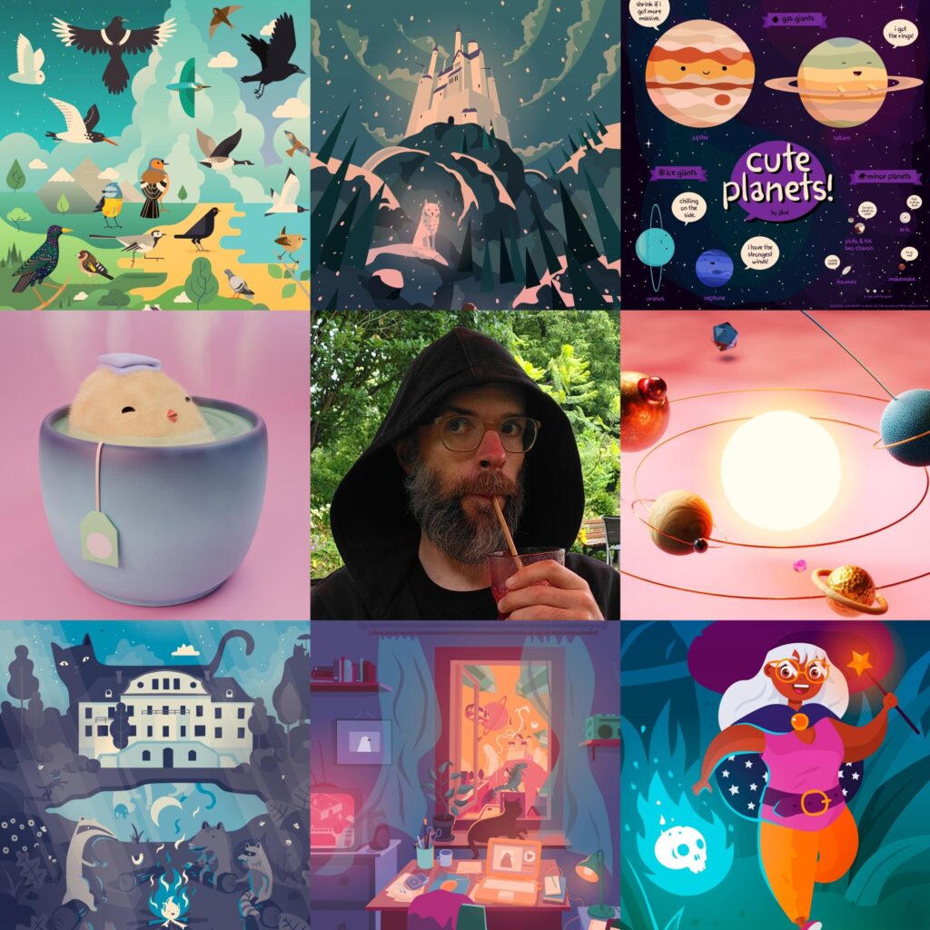 ArtVsArtist2023: A picture divided into nine squares, the middle one is a rather dorky photo of yours truly with the hoodie up, drinking something with a (paper) straw, the rest are illustrations I've finished 2023.