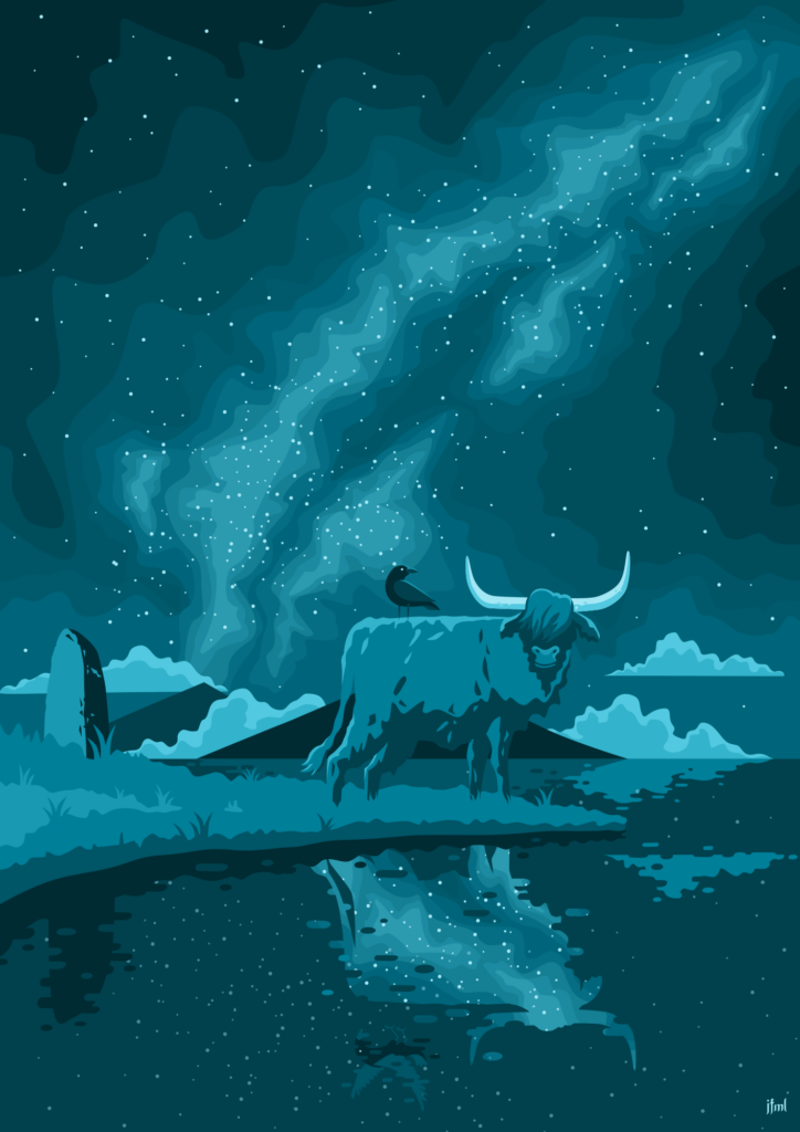 Vector drawing in dark greens and blues of a night-scene with a highland cow on a small peninsular. The cow's reflection in the water reflects the milky way in the sky above. There's a crow sittig on the cow's back but in the reflection it is somehow in flight.