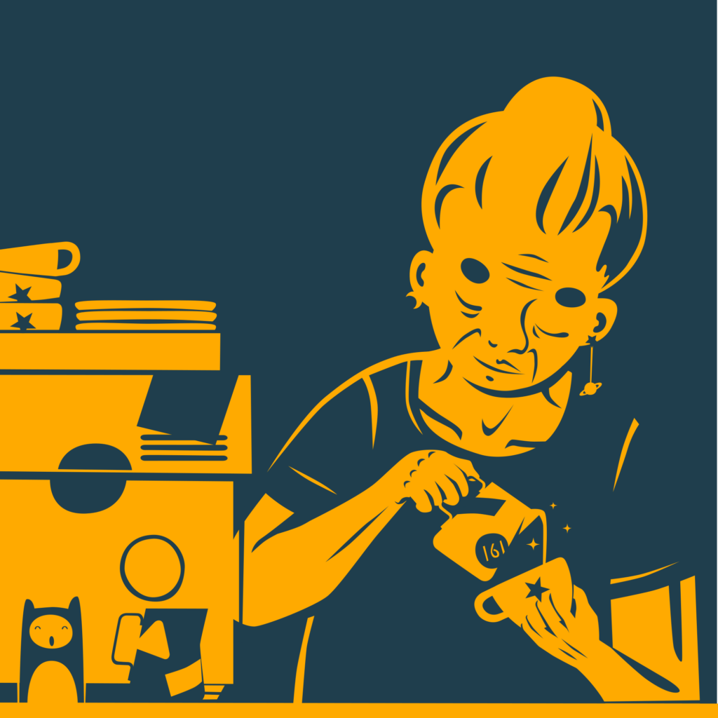 Vector illustration in black and yellow of an old person with a topknot behind the bar of a café pouring oatmilk into a cup. There's an espresso machine with stickers on the left.