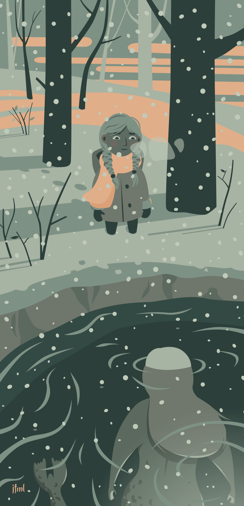 Vector illustration of a young, white child with long, braided hair standing on the edge of a lake in a snowy landscape. In the lake is a mermaid-creature with a seal-tail. The selkie is almost completely underwater only the top of their head is above the surface. There is an eerie glow coming from the bottom of the lake.