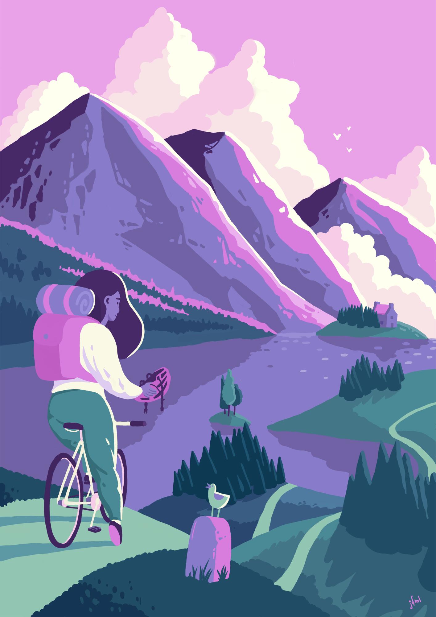 Illustration in greens and pinks of a person taking a brake from cycling the rather steep climbs in a Scottish landscape with mountains, a loch and woodlands.