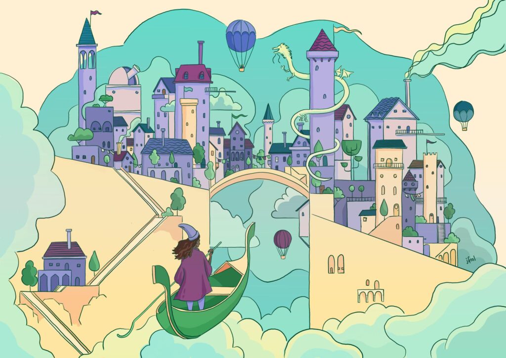 Coloured line-art illustration of a city that is build on and around a bridge over a cliff. There are hot-air balloons in the background, a dragon coiled around a tower and in the foreground a person on a flying gondola.