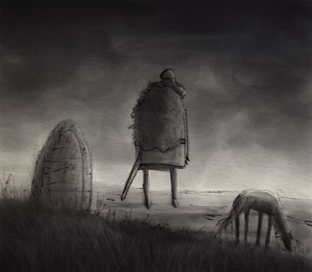 Sketch of a viking, seen from behind, hovering in the air next to a rune stone. There's a grazing horse a bit away and dark, foreboding clouds in the sky. 