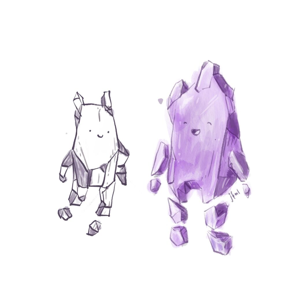 Digital sketch of two happy rock creatures on a white background
