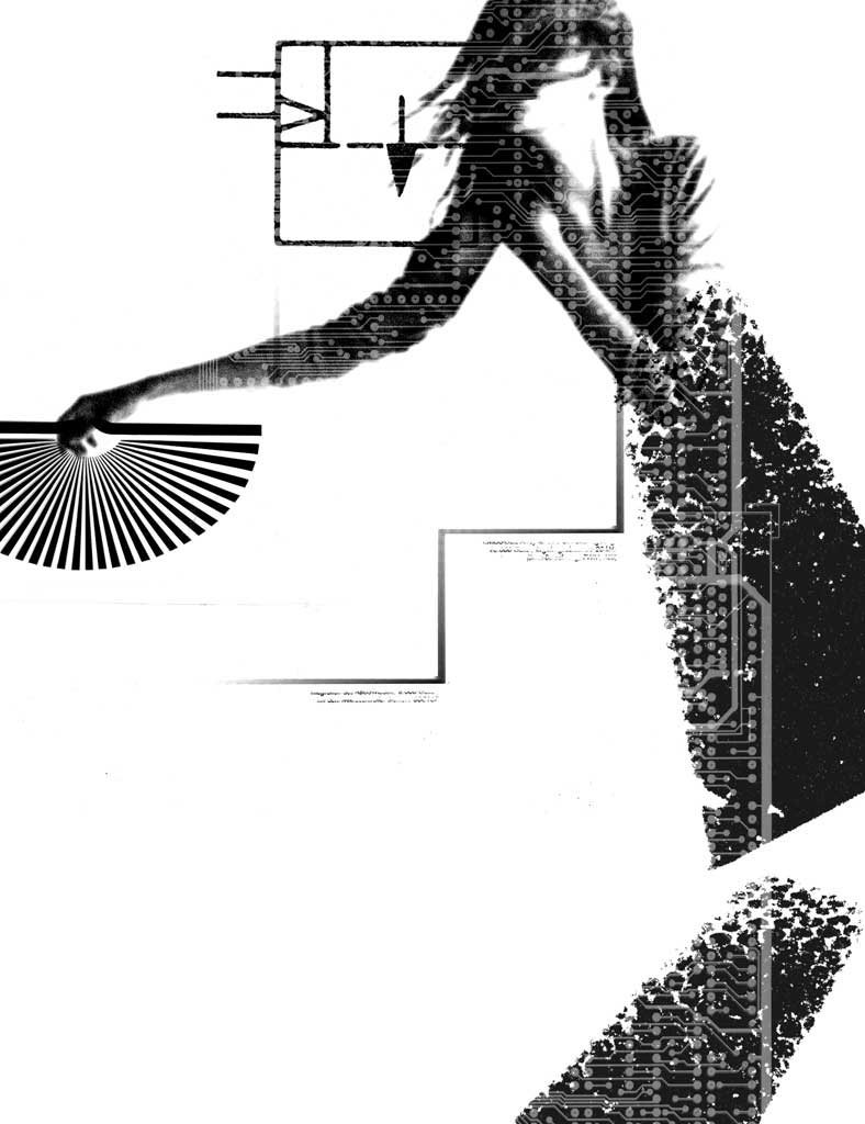 A rather abstract digital collage in black and white with a female coded figure at the top and graphical elements reminiscent of electrical circuit drawings and printed circuit boards. 