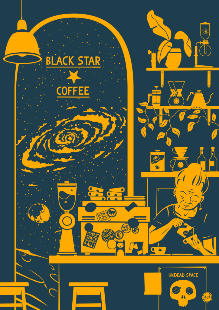 Monochrome illustration of the inside of a hipster coffee shop, the old lady barista is just doing some latte art, there are stickers on the coffee machine and the walls are full of coffee making equipment, that have tiny astronomical things in them (a miniature sun, moons, planets etc). There's a giant window from which you can see the surface of the moon, the earthrise and our milky way in the background.