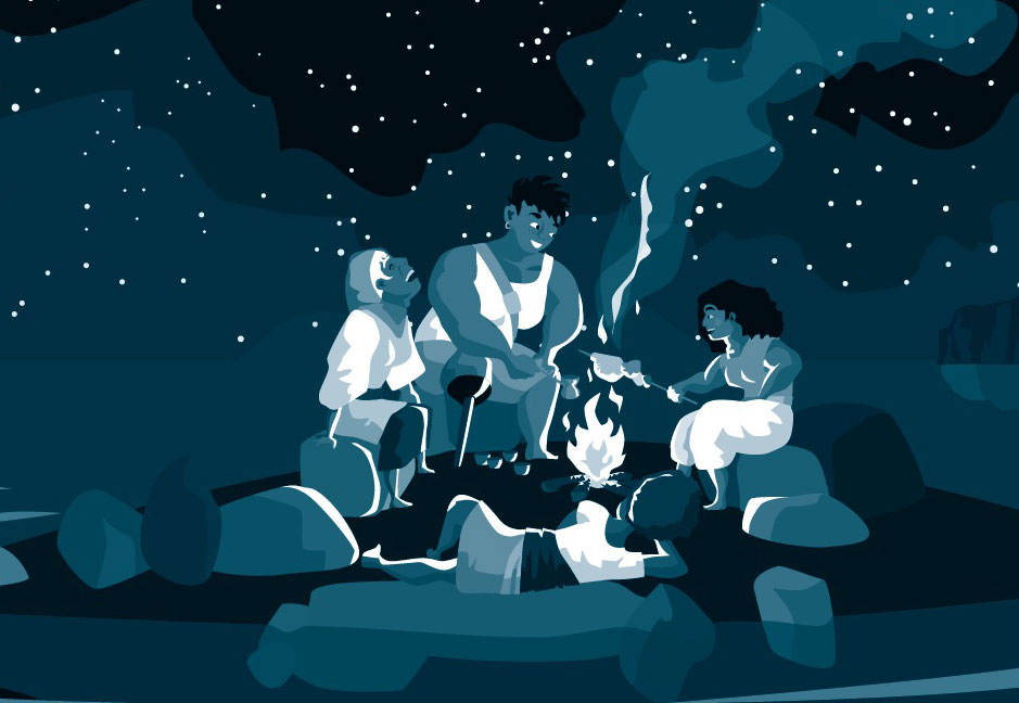 Illustration of a bunch of people having fun on a tiny island around a campfire on a starry night. One of them has a wooden leg, the another one is roasting something on a stick. They're having an excellent time.