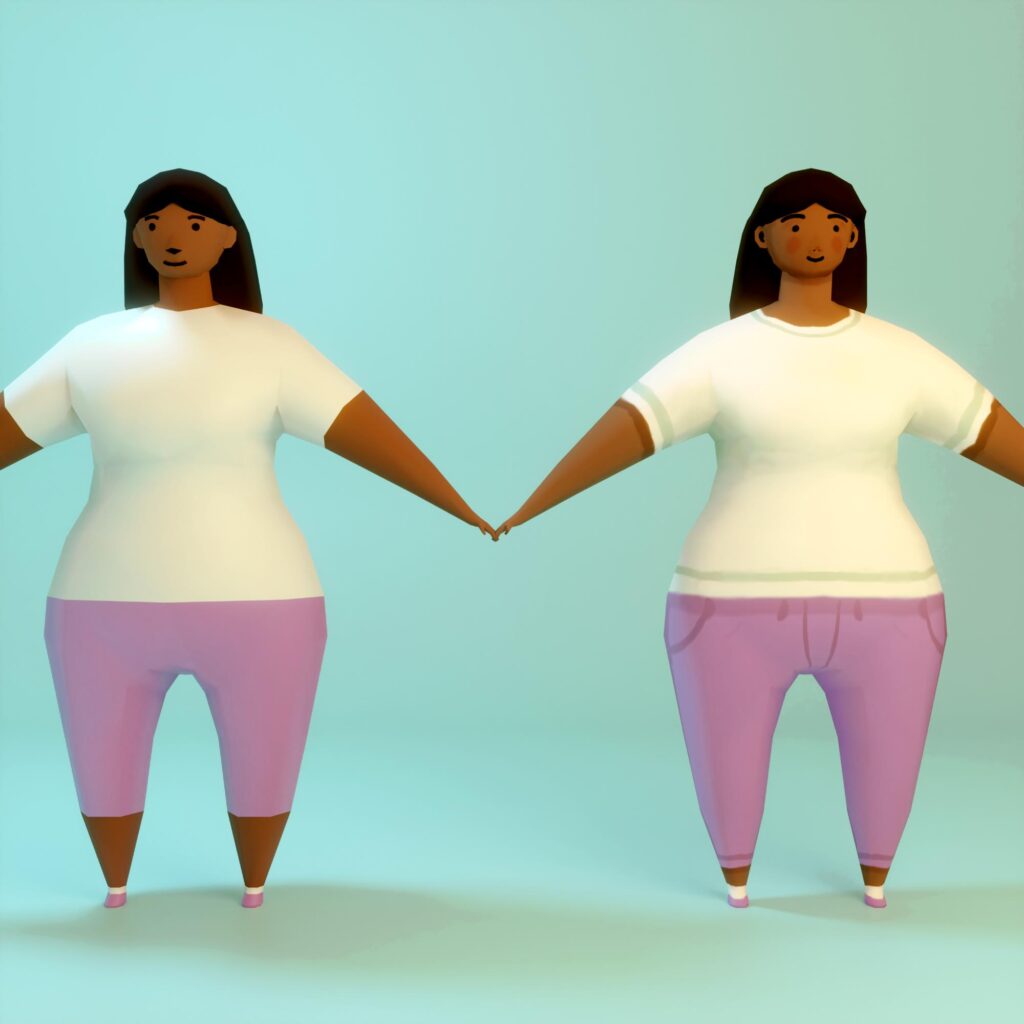 The same very low-poly 3d- character twice, once completely vertice-coloured on the left and uv-unwrapped and painted on the left. They're in a kinda awkward A-pose (a variant of the T-pose), wearing a pink trousers and white shirt.