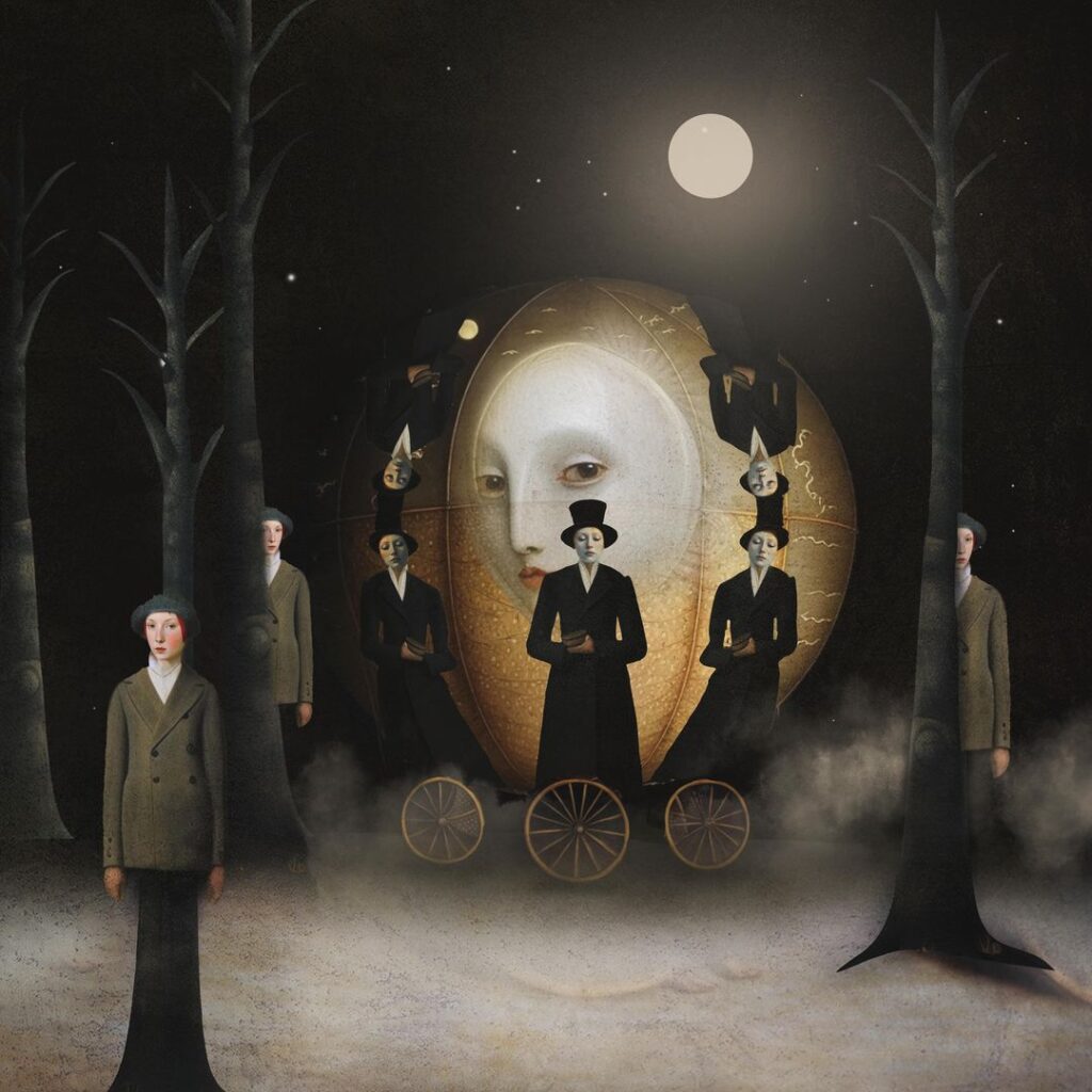 Nika Novich's surreal digital collage „Soul Transit“: people in suits standing in a dark wood with a giant owl-like creature that also might be a carriage, there's a full moon.